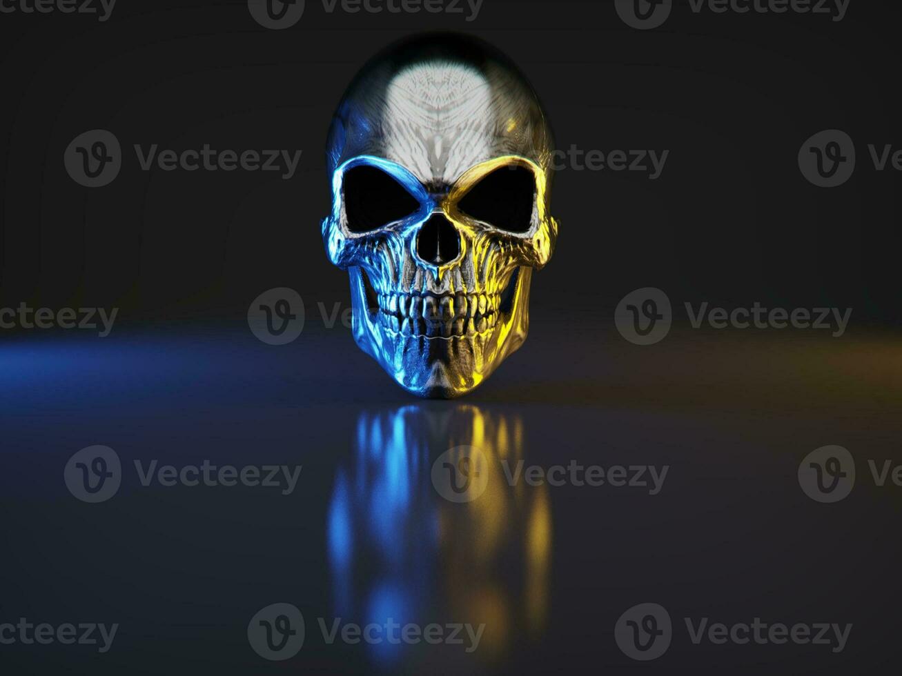 Heavy metal skull on reflective ground - blue and yellow lighting photo