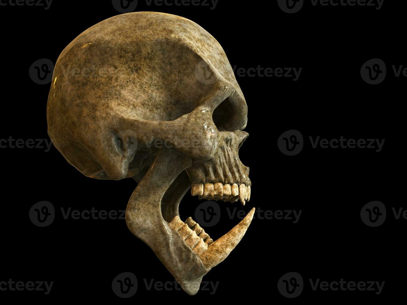Screaming demon orc skull with huge lower teeth - side view photo
