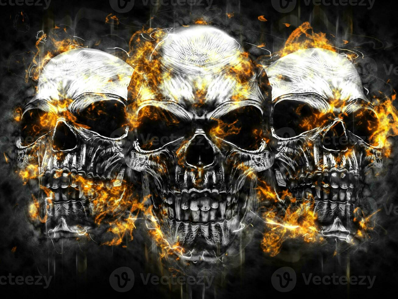 Three metal vampire skulls - burning fire and flames photo