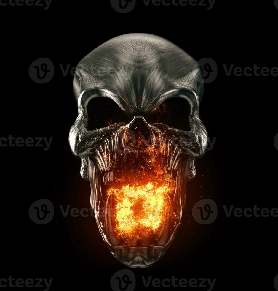 Angry dark metal demon skull breathing fire photo