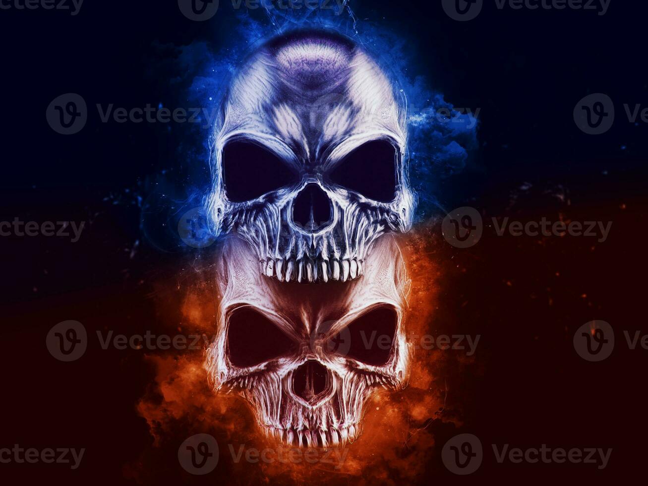 Two angry skulls - blue and orange smoke photo