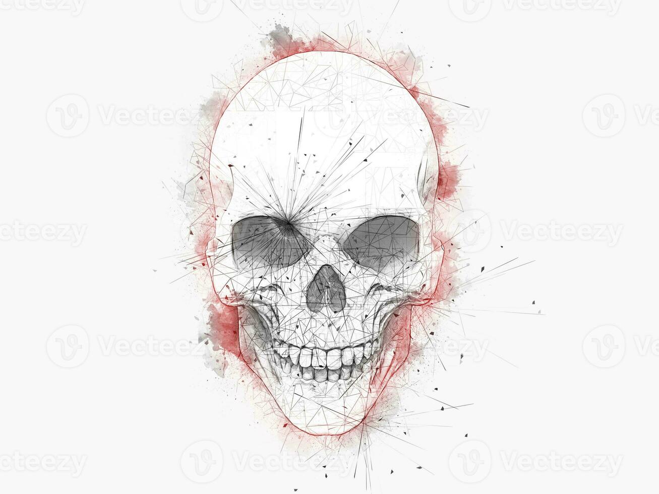 Minimalistic drawing of a skull with red water color oulines - 3D Illustration photo