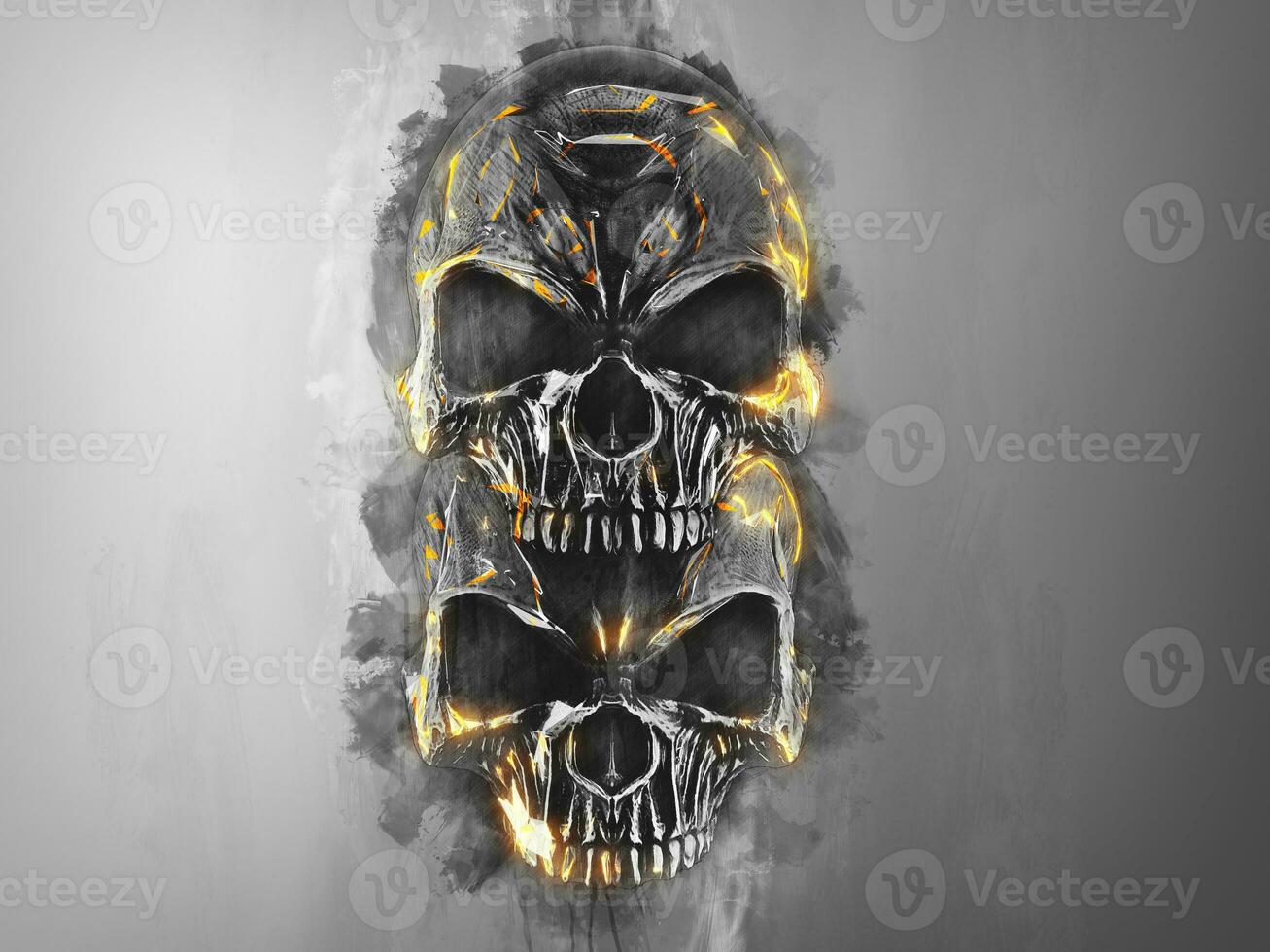 Two black and white skulls with bright orange edges glowing photo