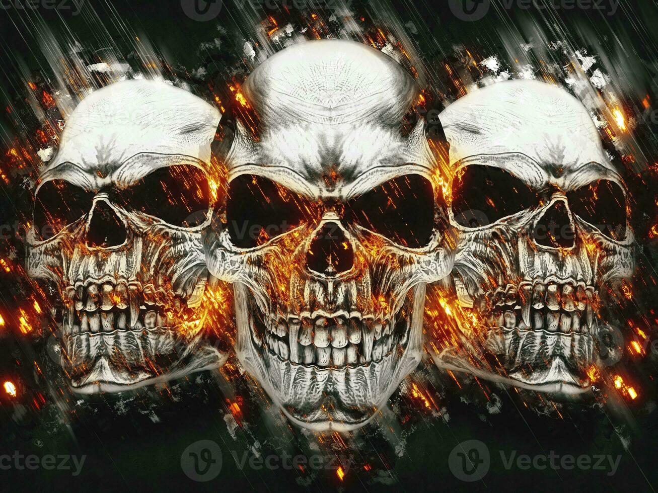 Three metal vampire skulls - burning rain and lava effects photo