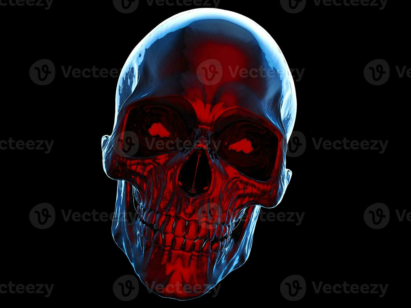 Dark smiling skull with red front lighting with blue backlight photo