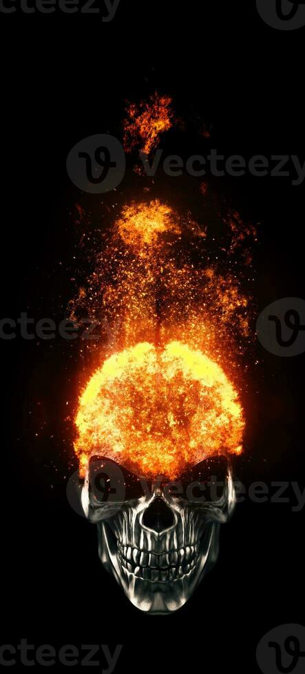 Black metal demon skull with brain and cranium on fire photo