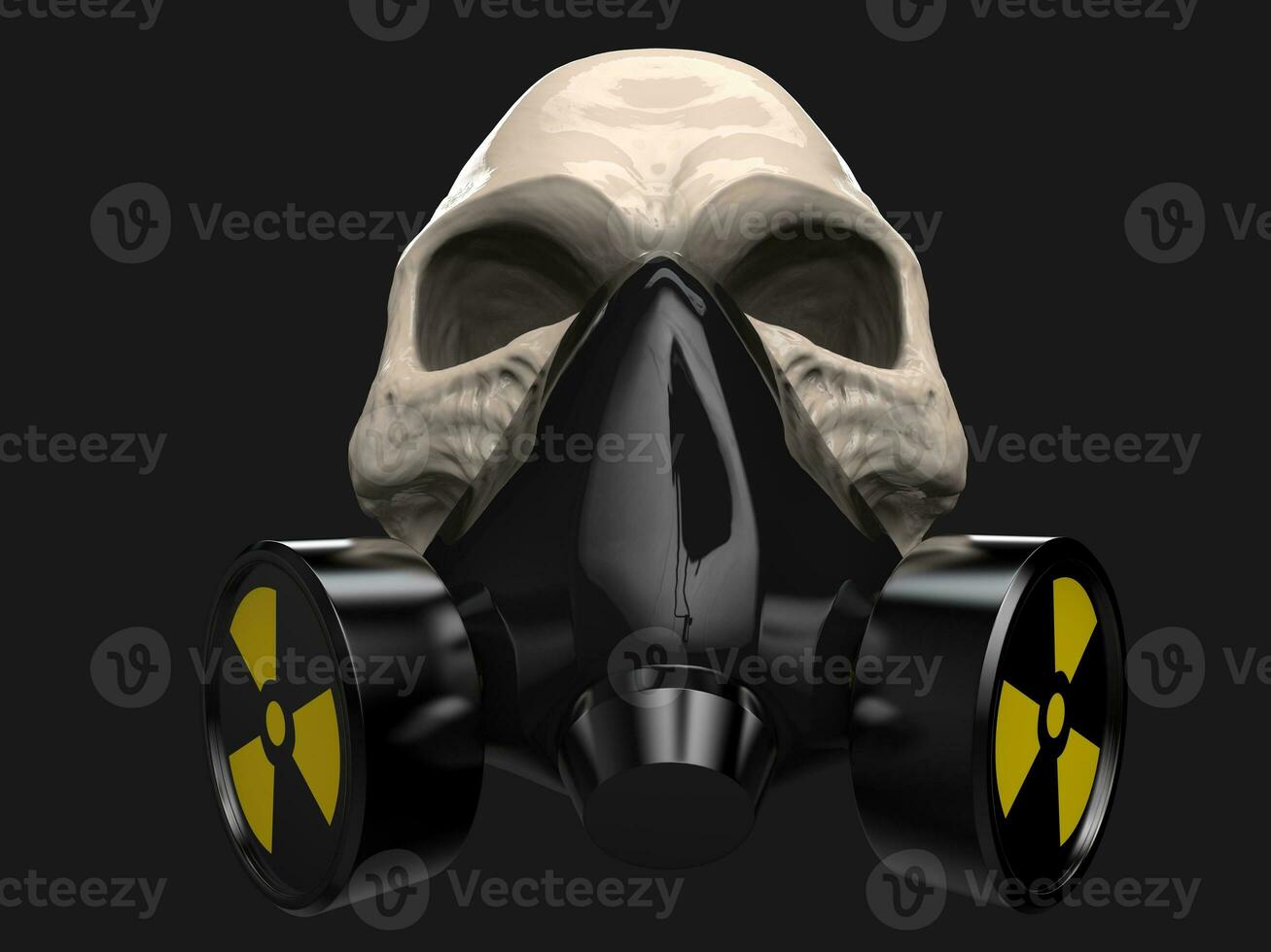 White skull wearing radiation protective mask on photo