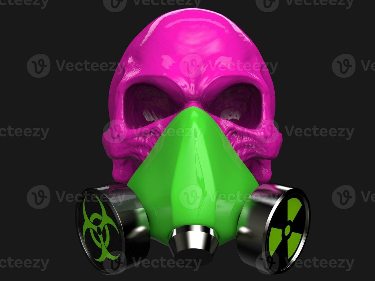 Pink skull wearing green biohazard and radiation protective mask photo