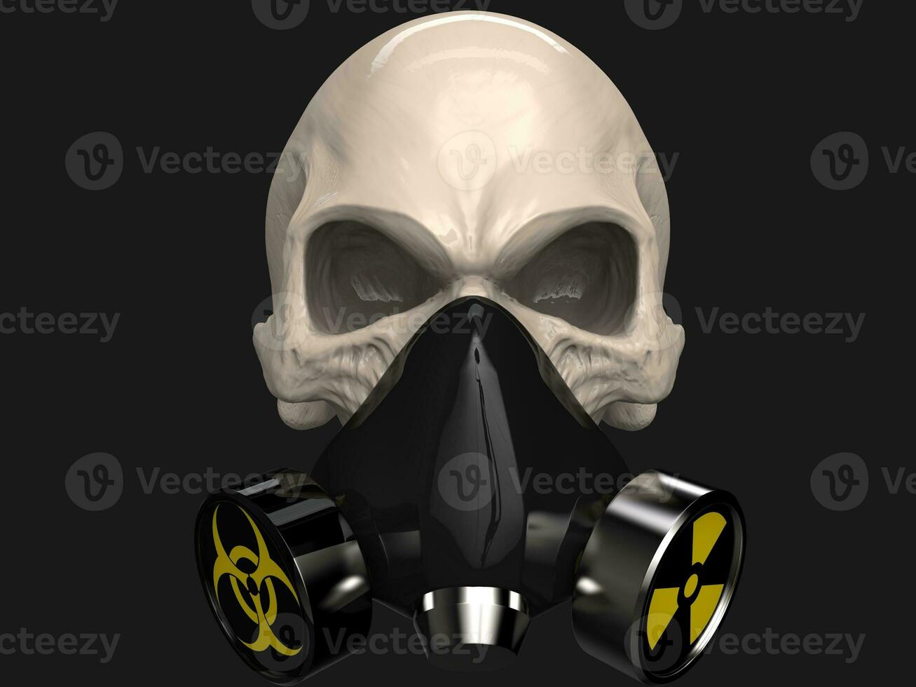 Skull with biohazard and radiation protective mask on photo