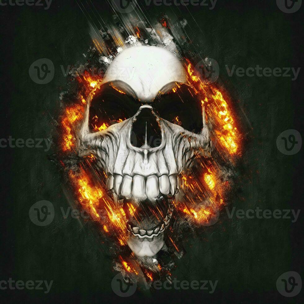 Creepy smiling skull exploding from the metal background - 3D Illustration photo