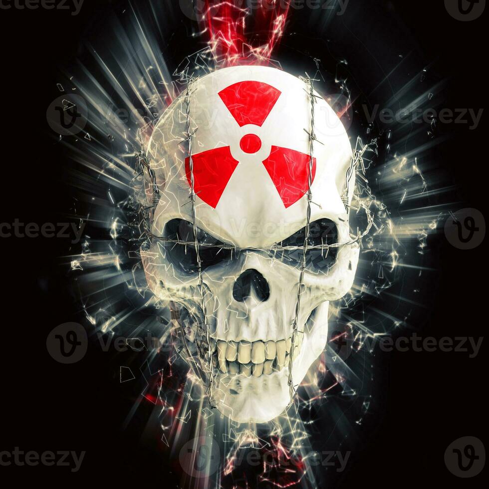 Glowing white skull bound with barbed wire - red radioactivity symbol on the forehead photo