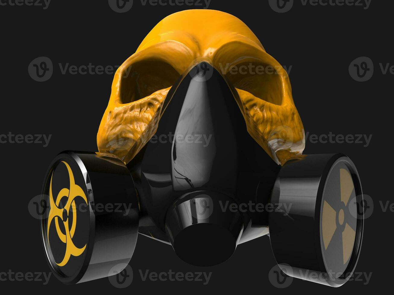 Yellow death skull with black biohazard and radiation gas mask on photo