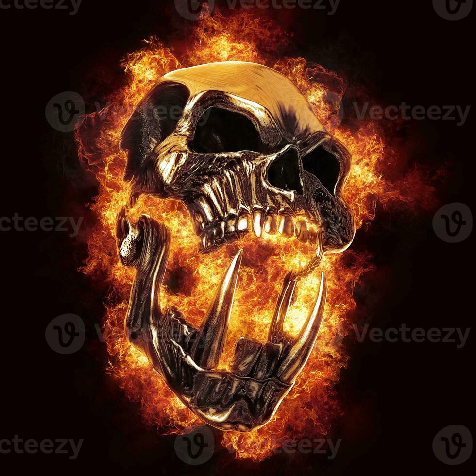 Screaming demon orc heavy metal skull engulfed in flames - 3D Illustration photo