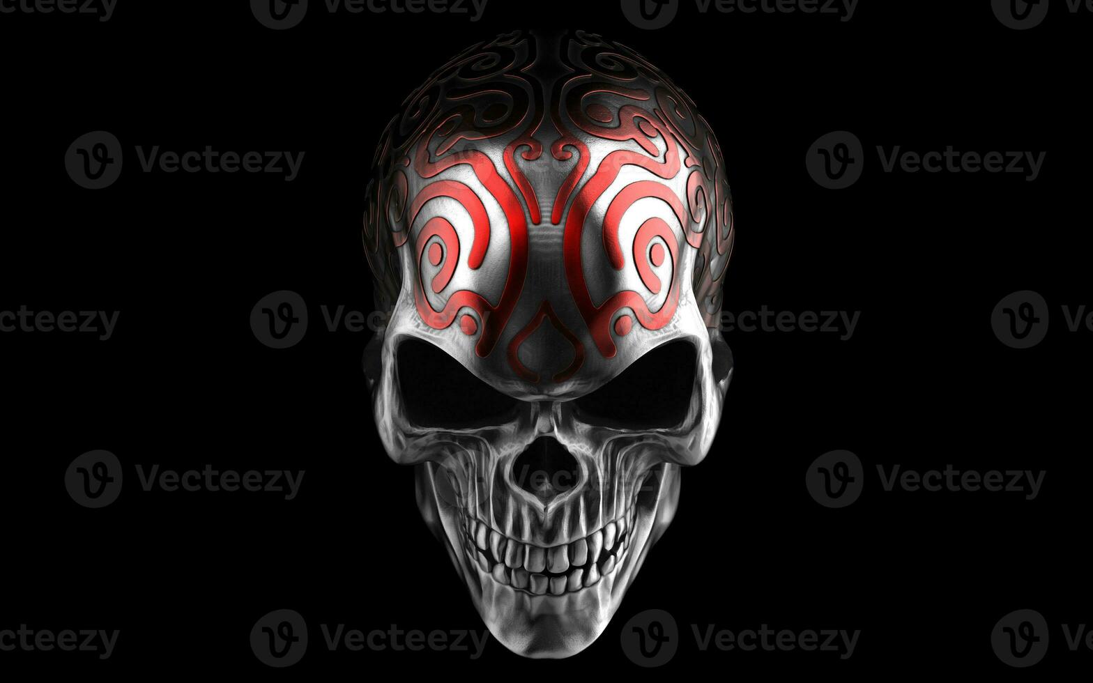 Dark metal skull with intricate red details on top of it photo