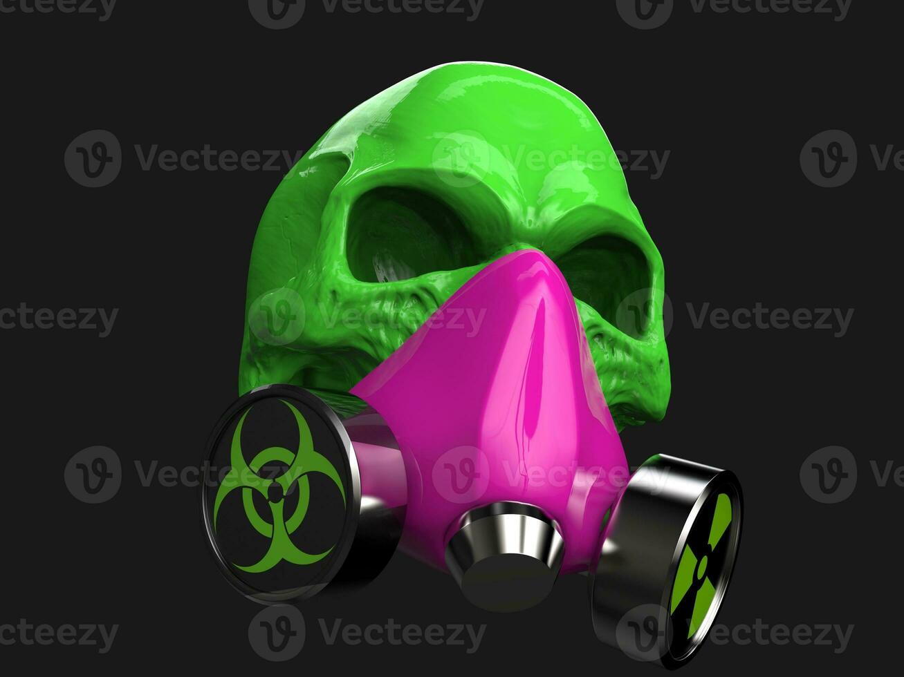 Green skull wearing pink biohazard and radiation protective mask photo