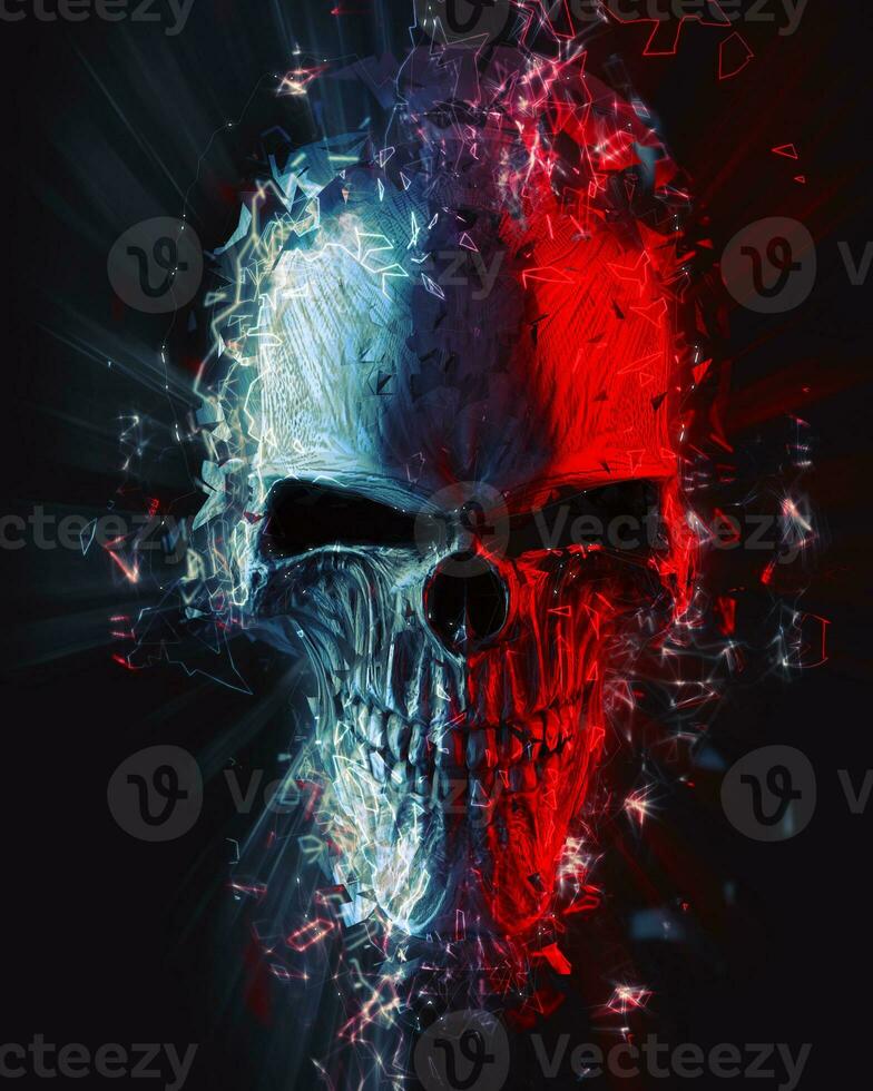 Angry skull exploding into glowing polygons photo