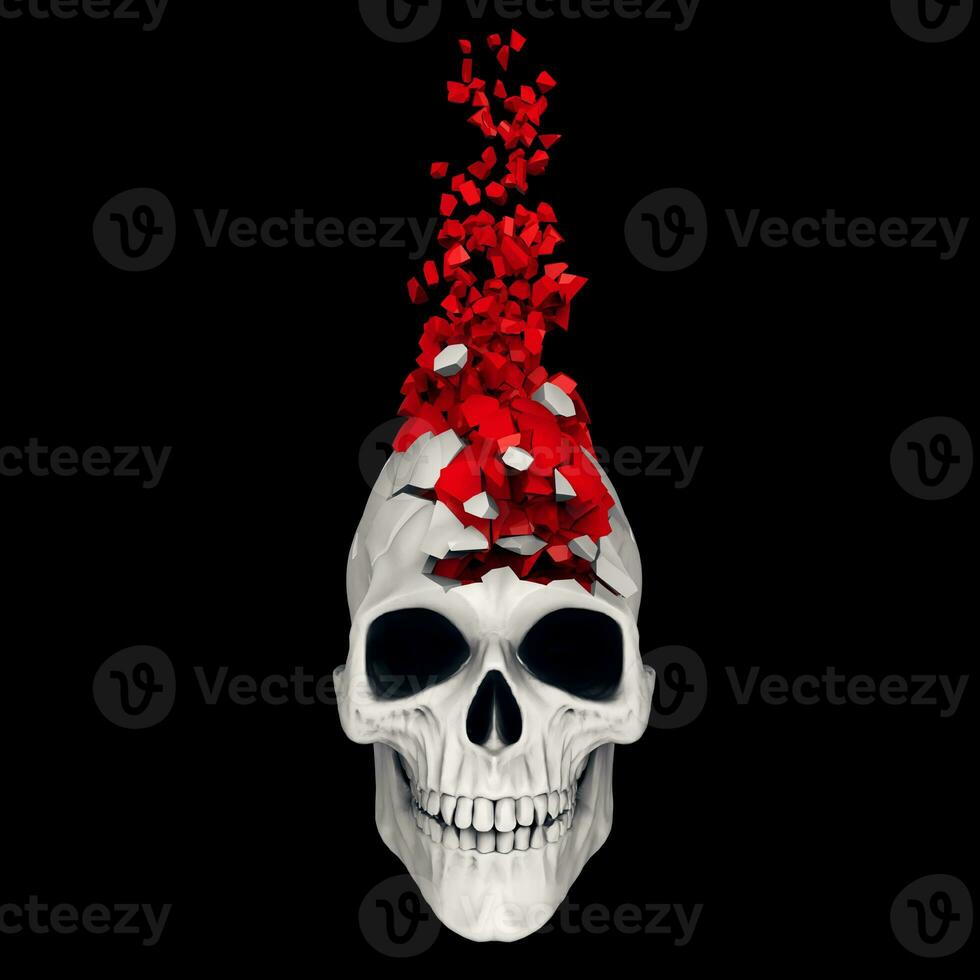 Broken white skull with red pieces floating off photo