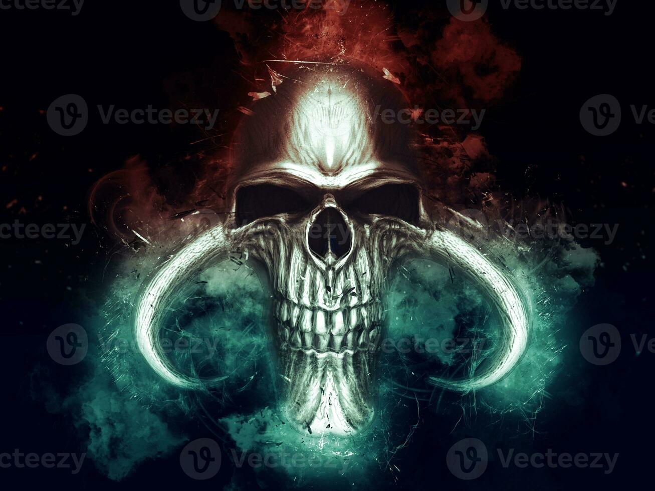 Demon skull in red and blue smoke and fog photo