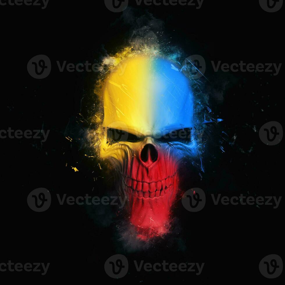 Red, blue and yellow colored skull photo