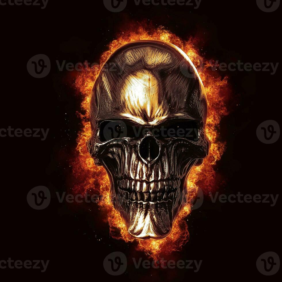 Shiny dark metal skull in flames photo