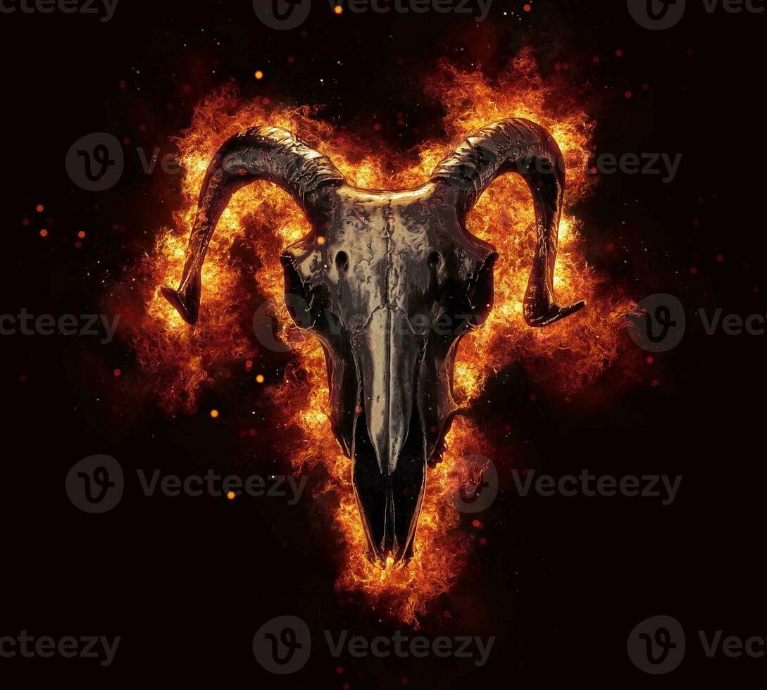 Dark ram skull engulfed in flames and fire photo