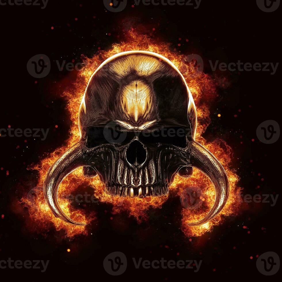 Heavy metal demon skull engulfed in flames and fire photo