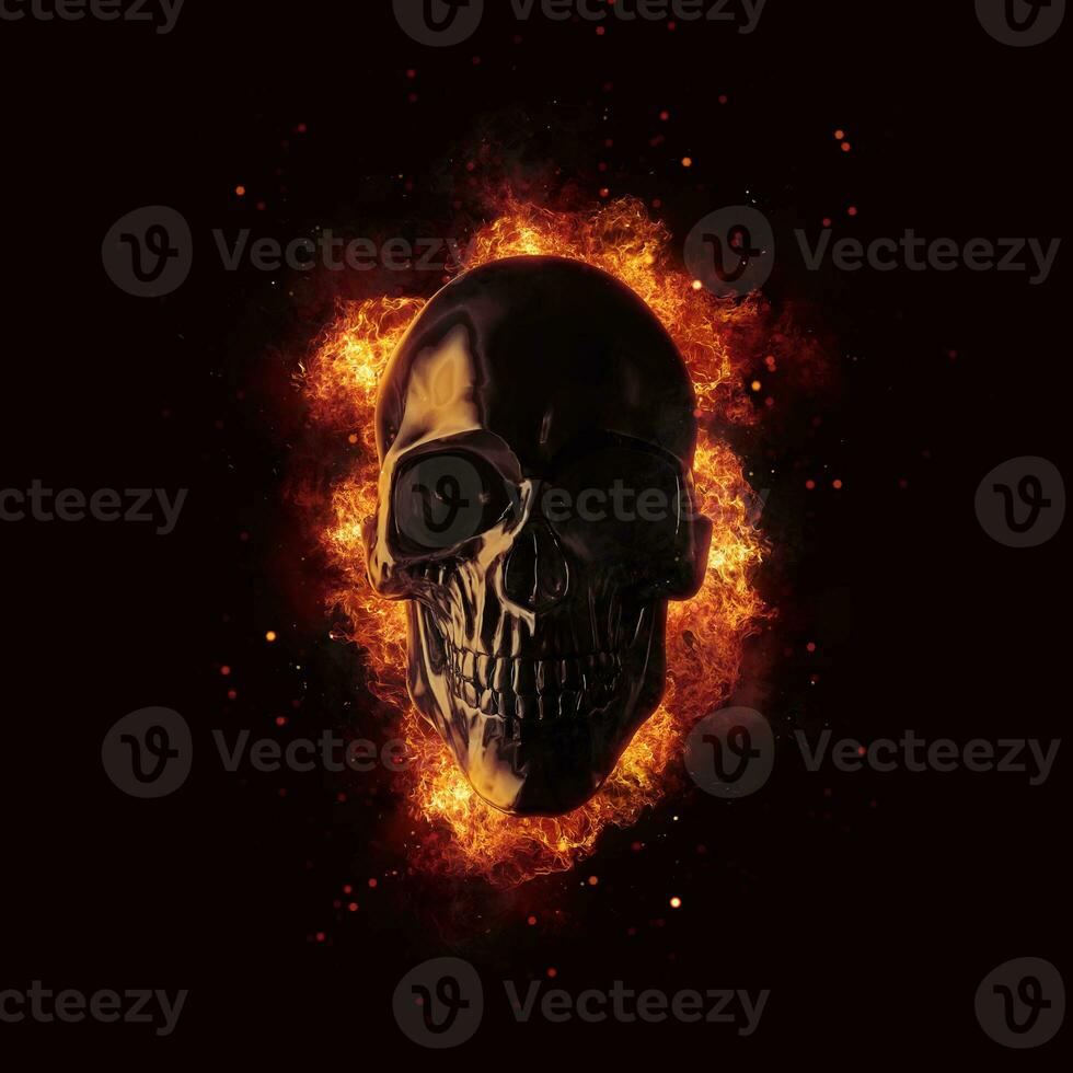Black skull on fire - fire embers particles in the air photo