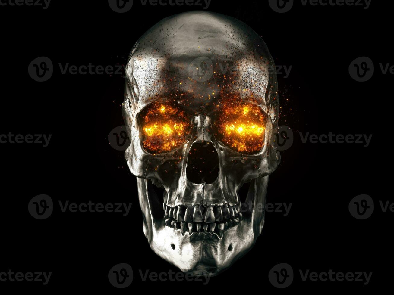 Metallic skull with red hot burning eyes photo