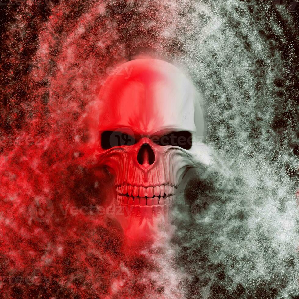 Red and white demon skull disintegrating into millions of particles photo