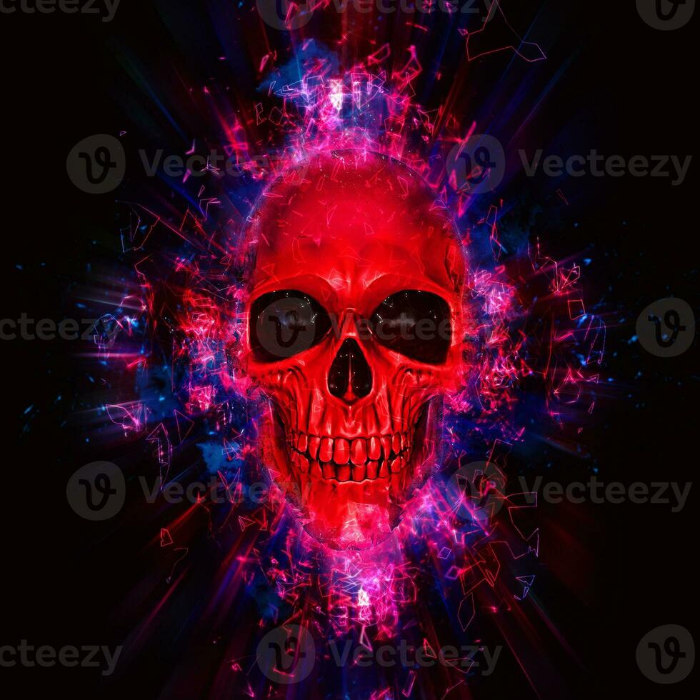 Bright red neon skull - space explosion photo