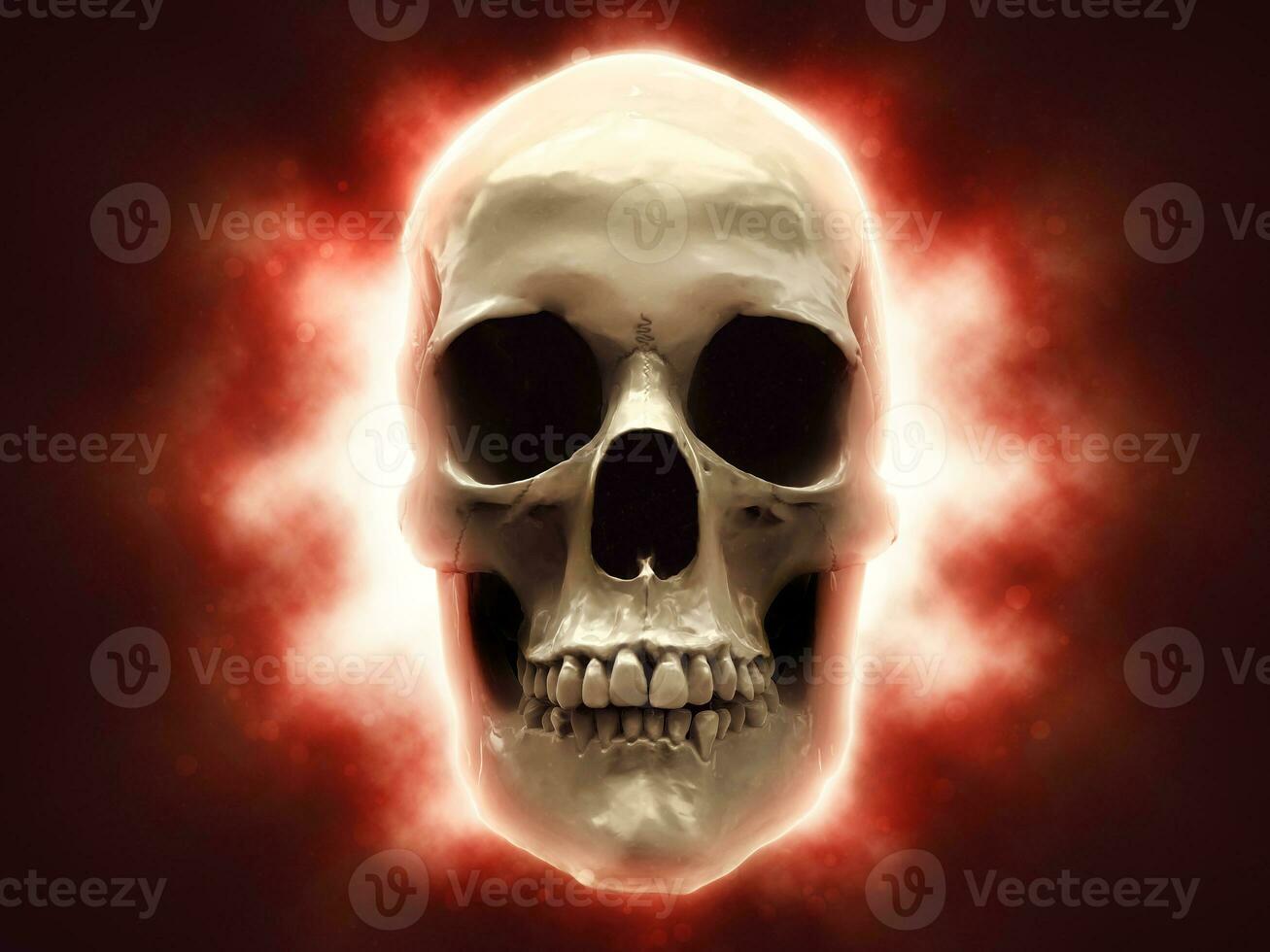 Skull with bright red light shining behind it photo