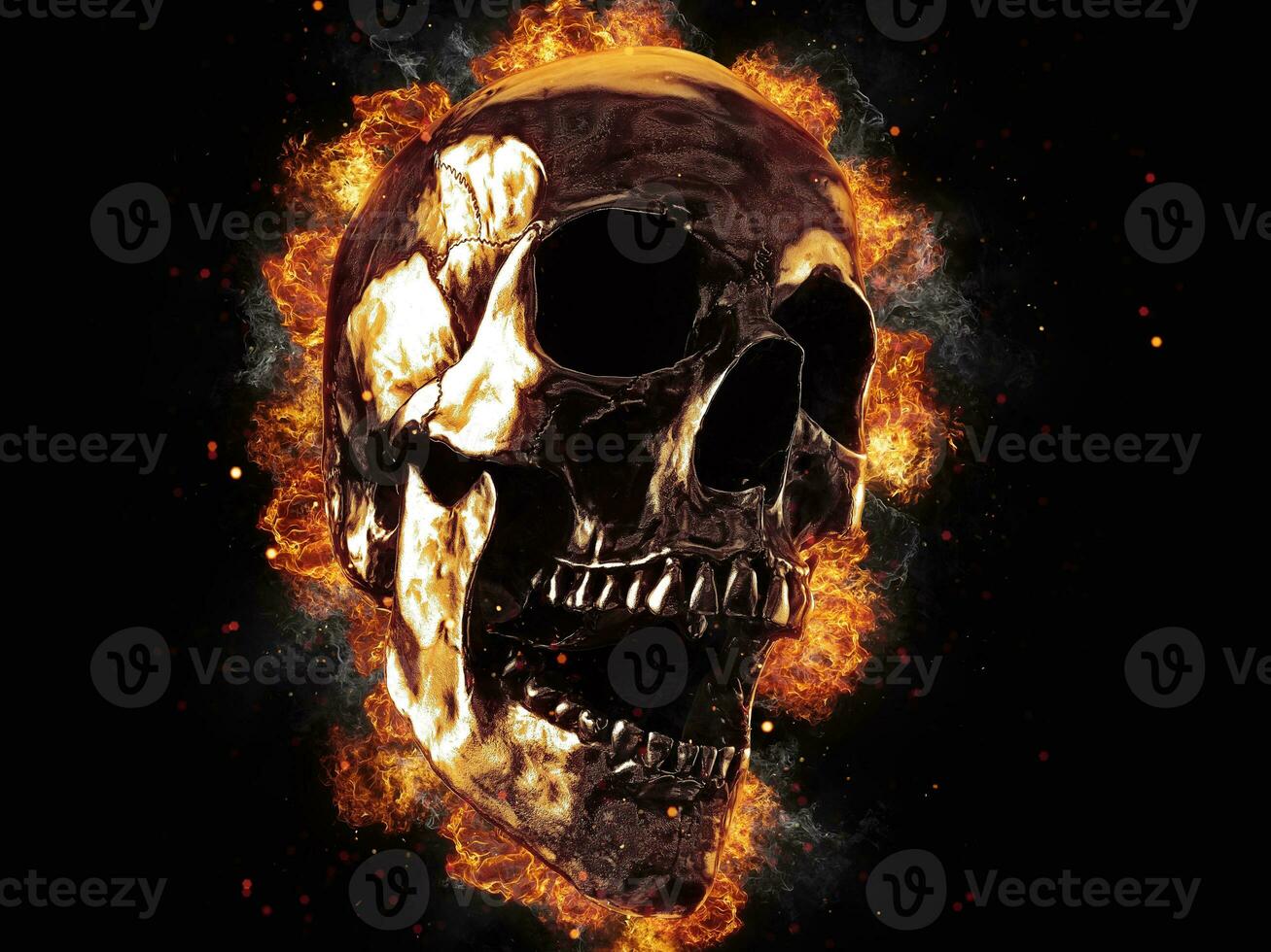 Screaming metal skull on fire photo