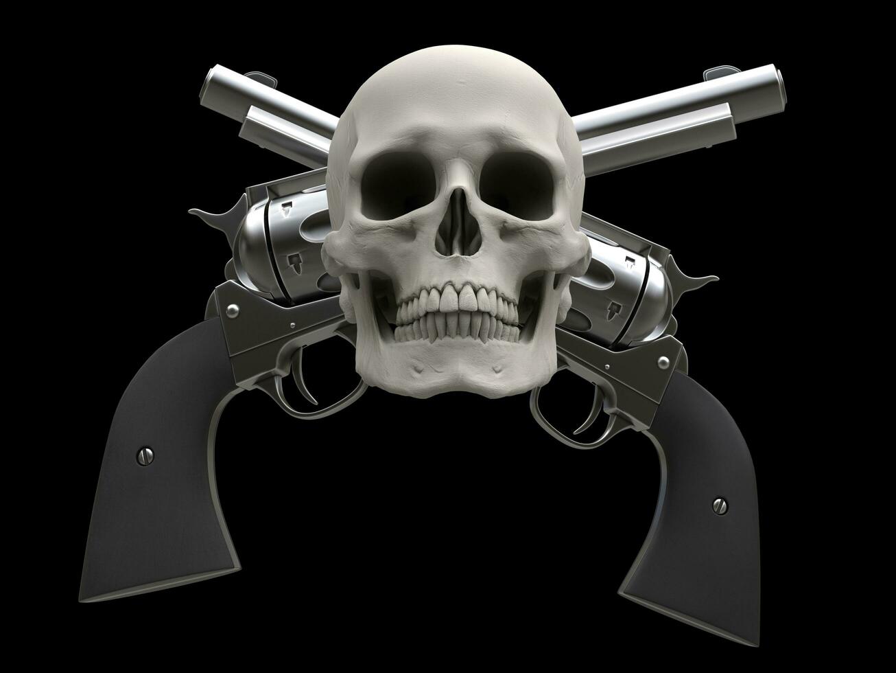 Skulls and guns - skull with two revolvers with black grips behind it photo