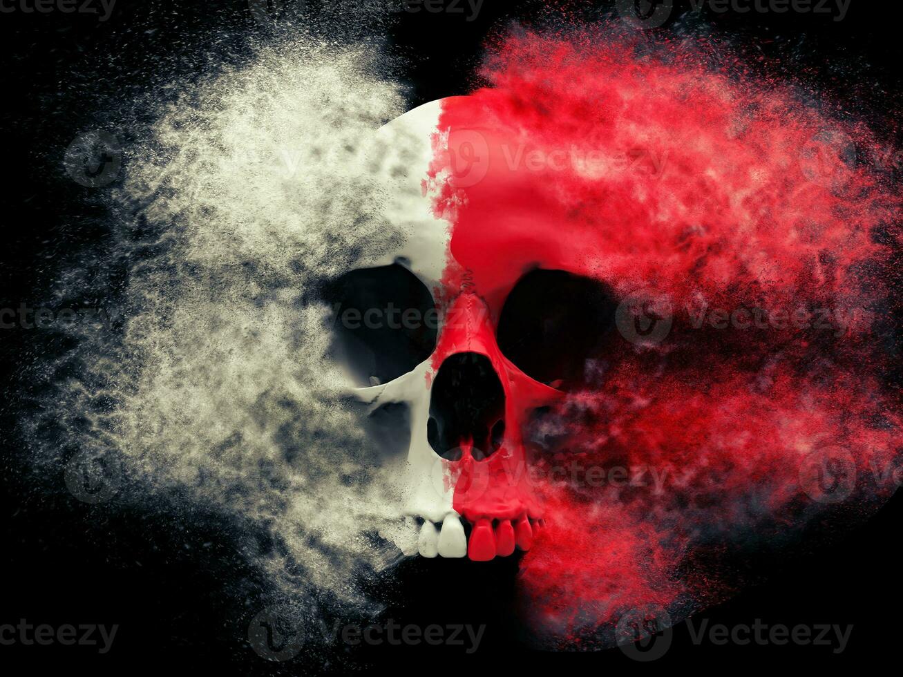 Red and white skull exploding into tiny particles photo