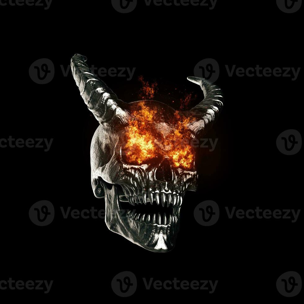 Metal demon skull with burning eyes photo