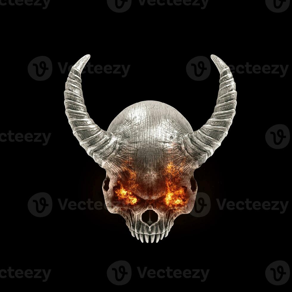 Metal demon skull with burning eyes - top down front view photo