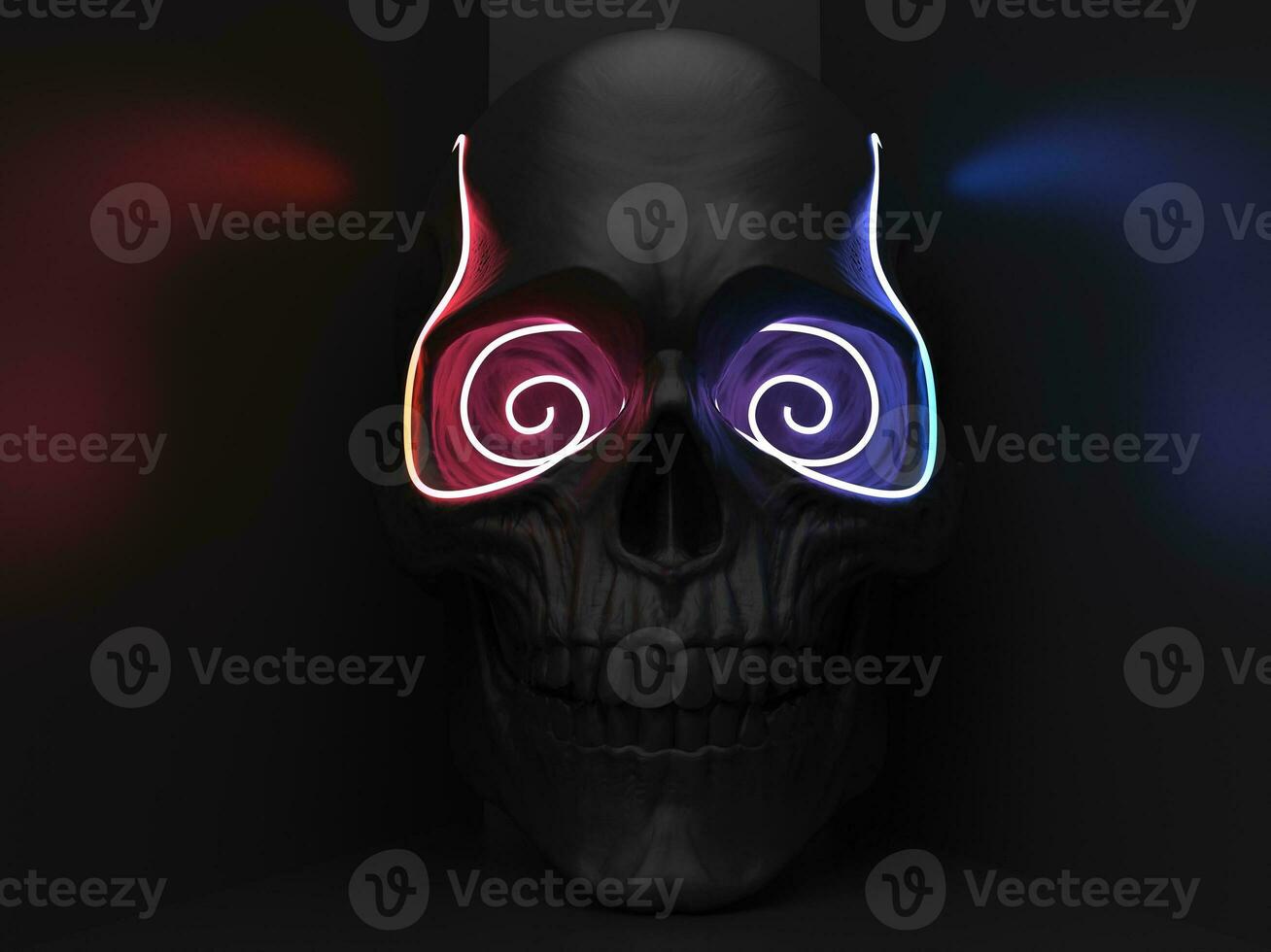 Dark skull with neon lights in its eyes - blue and red - dark background photo