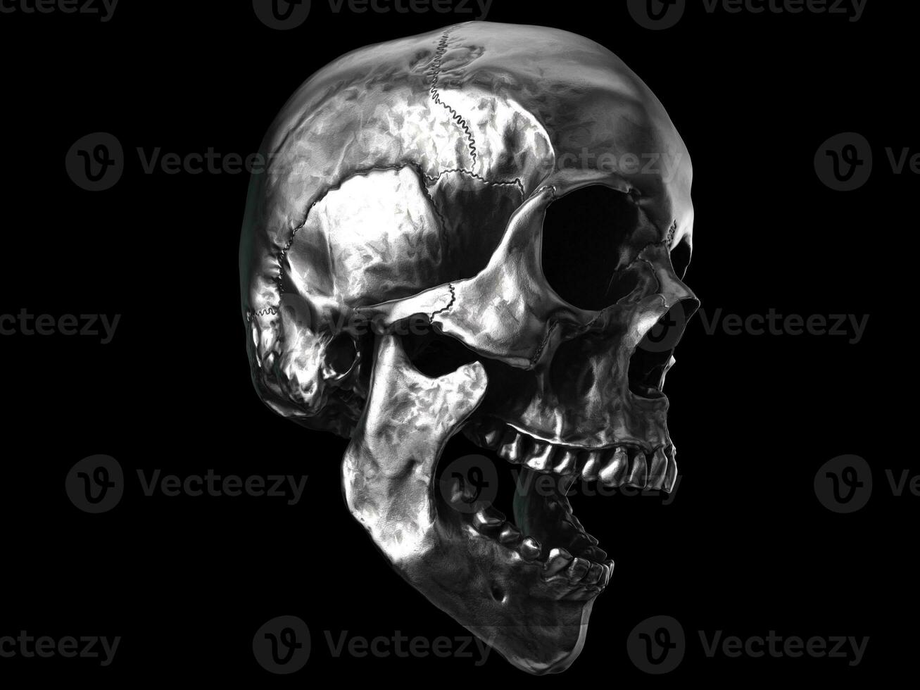 Rough metal skull with open mouth - side view photo