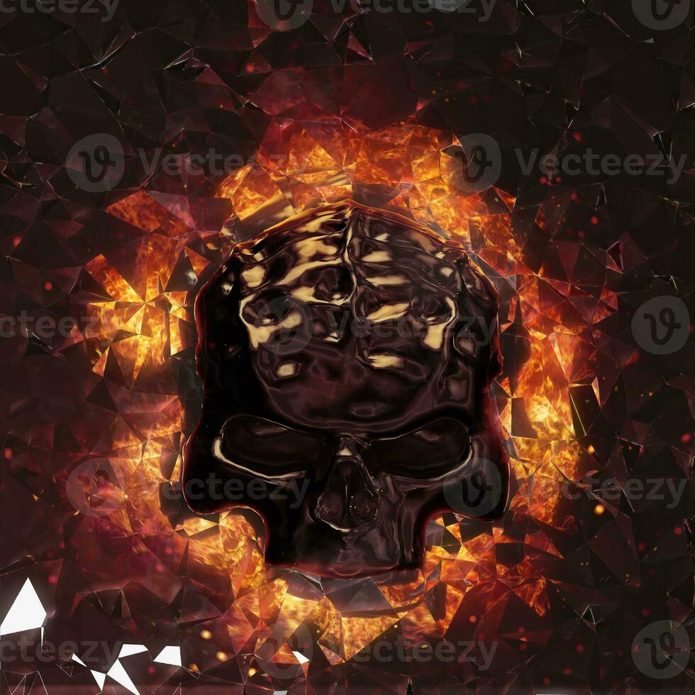 Demon skull in flames in front of broken glass wall photo