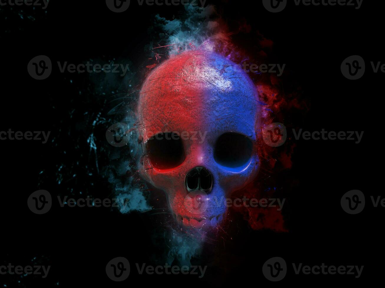 Red and blue skull with nebula clouds in the background photo