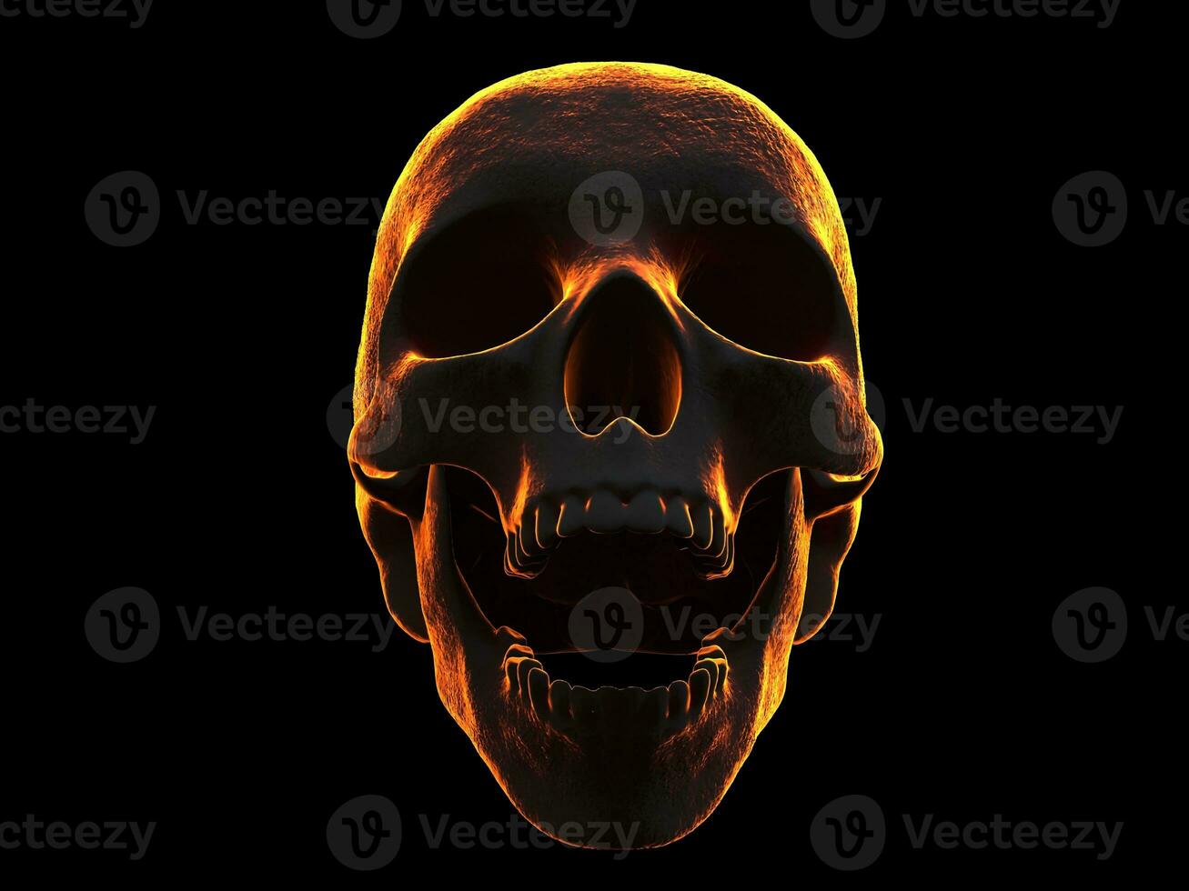 Dark skull with flaming orange rim lighting photo