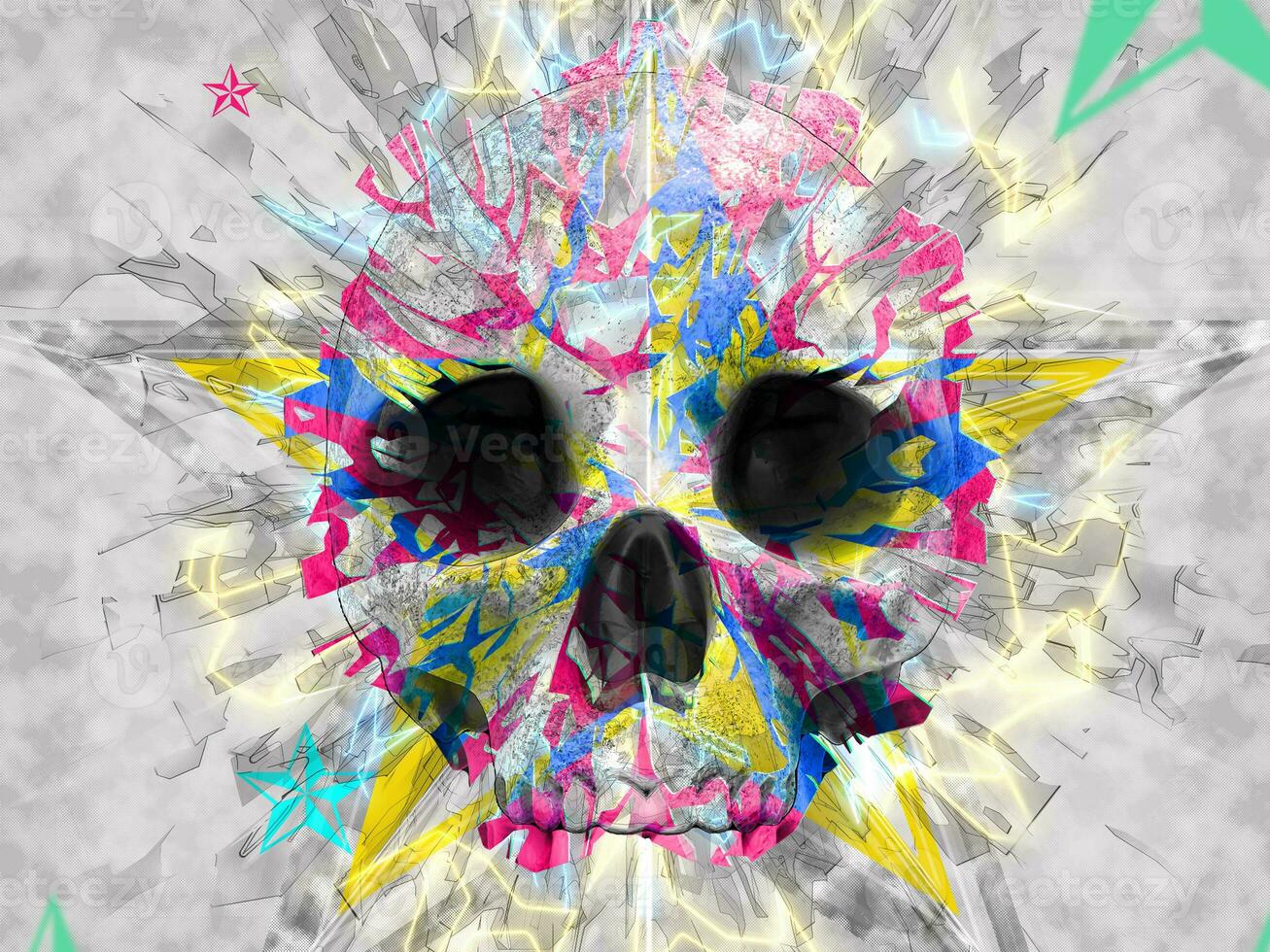 Brightly colored skull - starburst of colors photo