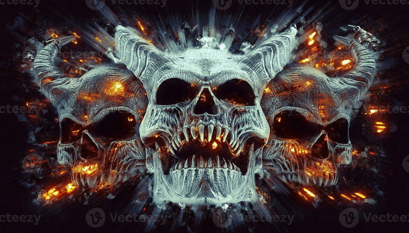 Three demon skulls with horns burning through photo