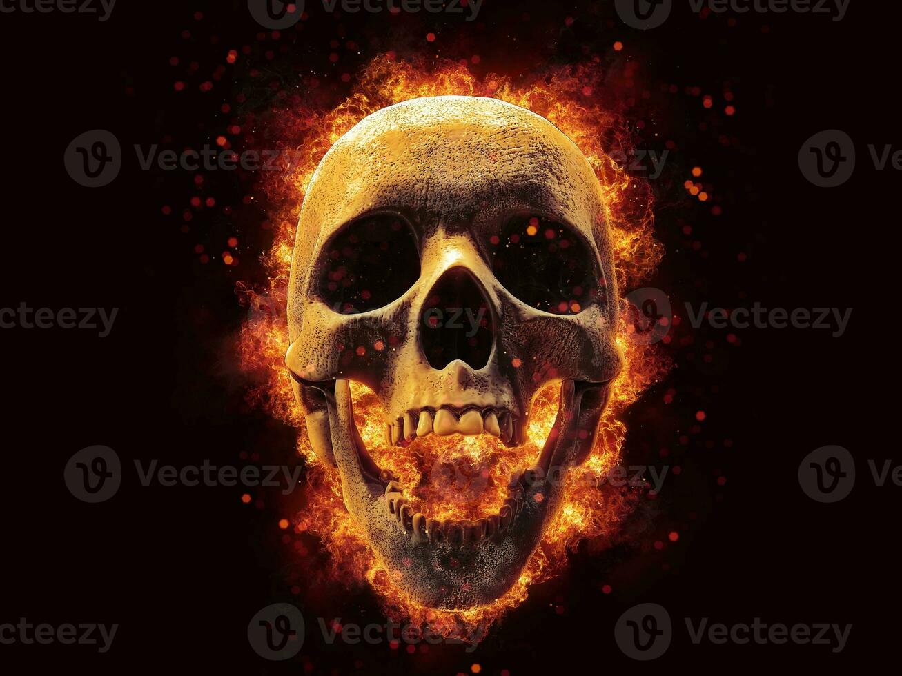 Laughing skull on fire with burning embers in the air photo