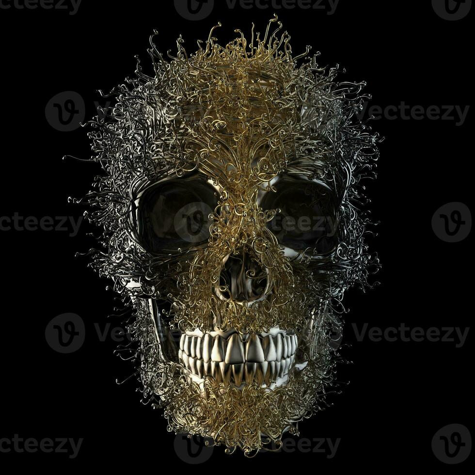 Abstract skull with gold vines and strands growing out of it photo