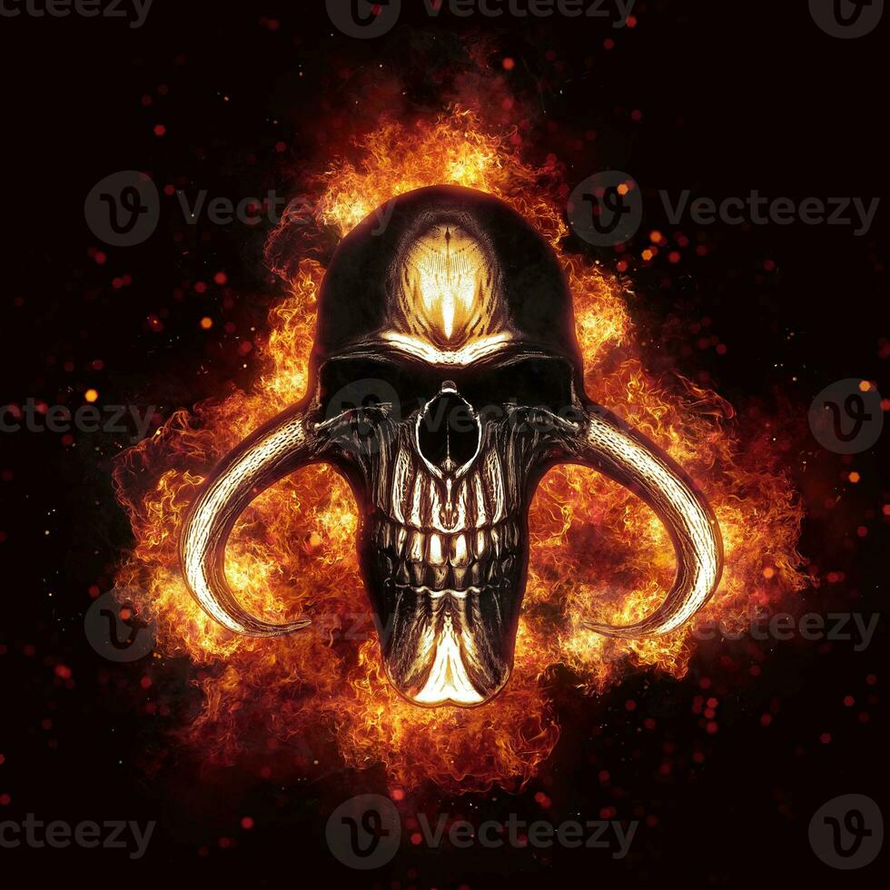 Horned demon skull egulfed in fire and flames photo