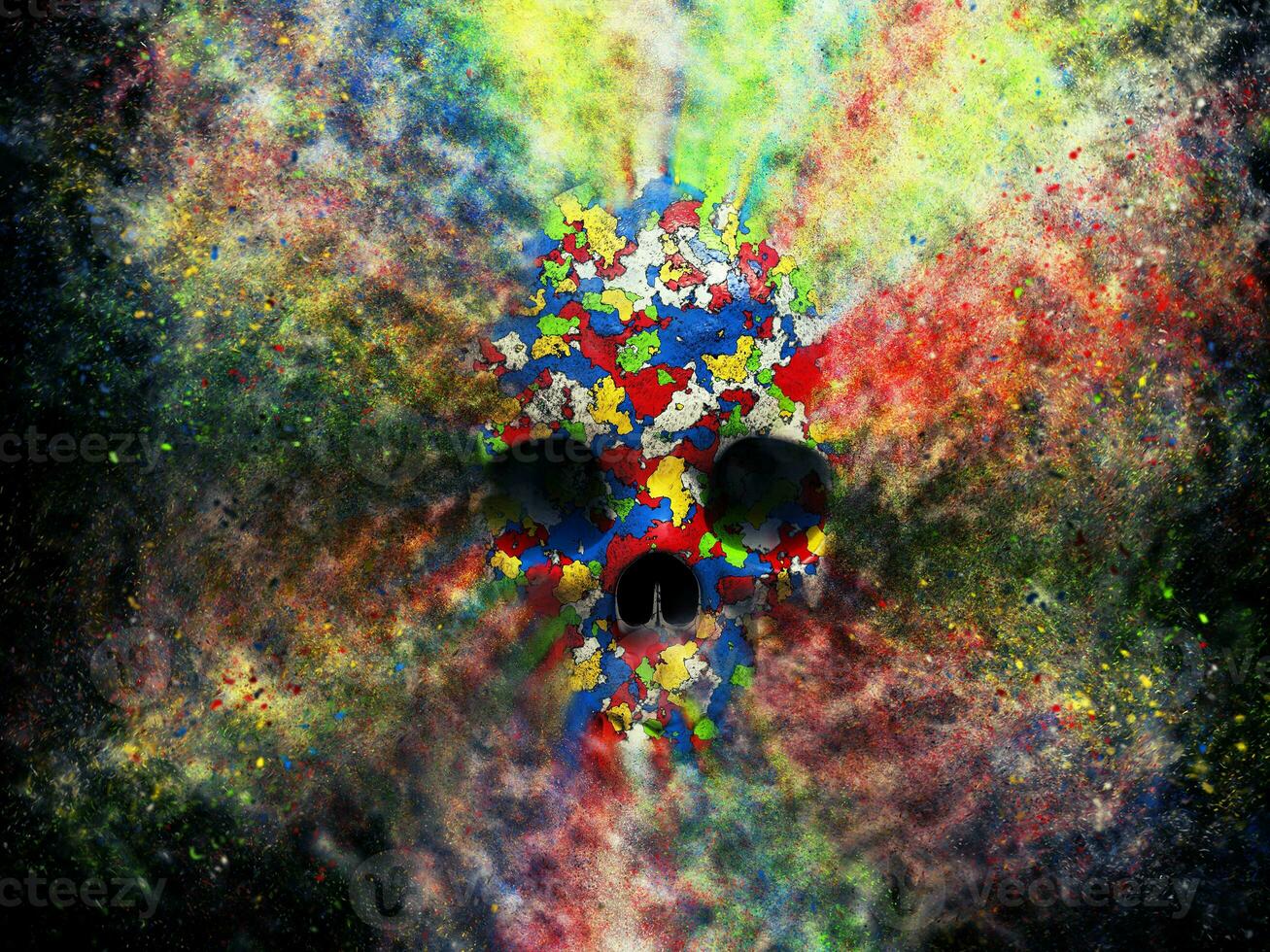 Colorful skull exloding into dust particles photo