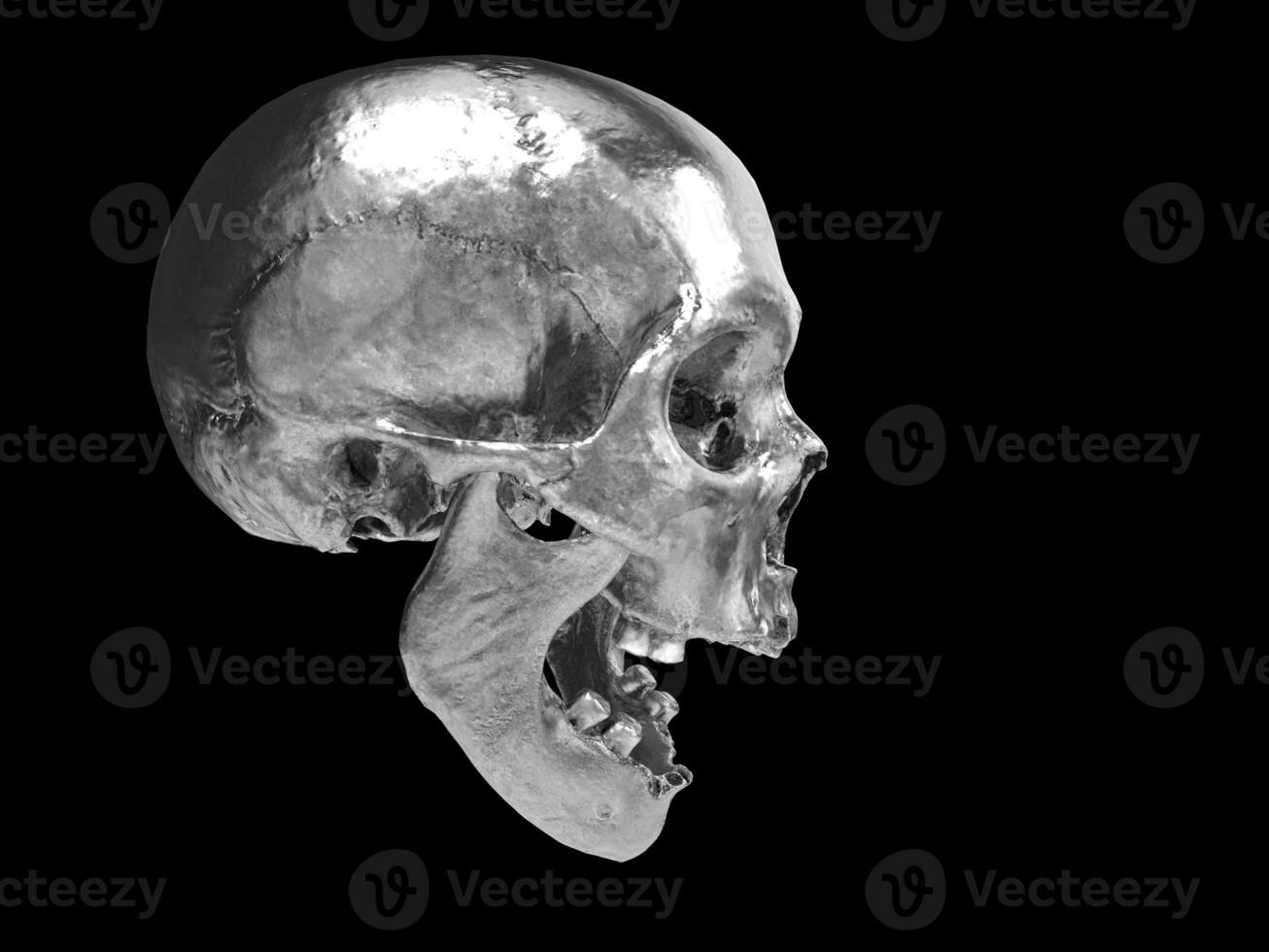 Screaming chrome skull with missing teeth - side view - 3D Illustration photo