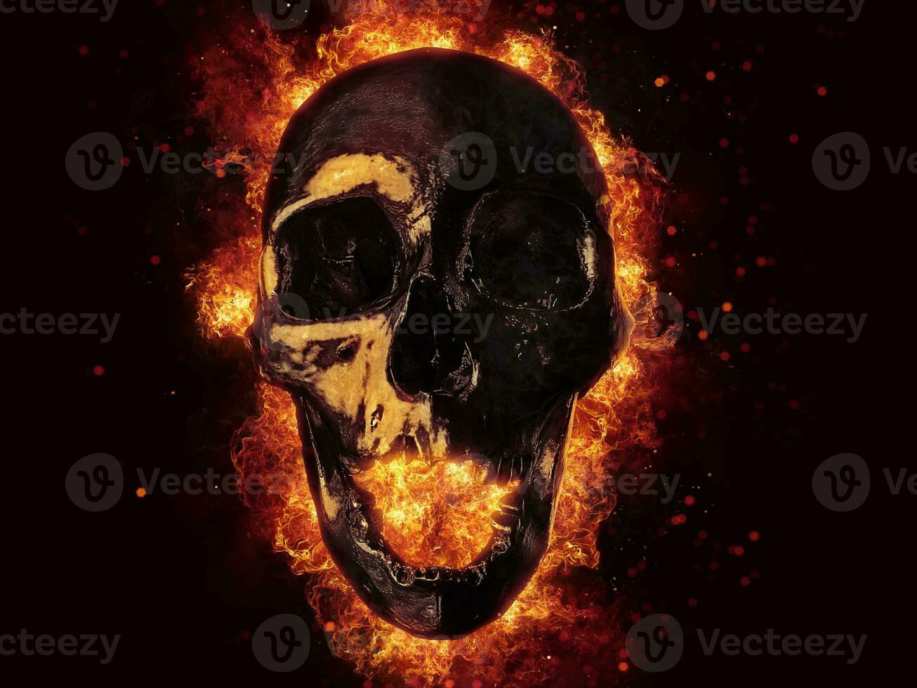 Black screaming skull engulfed in flames and fire - 3D Illustration photo