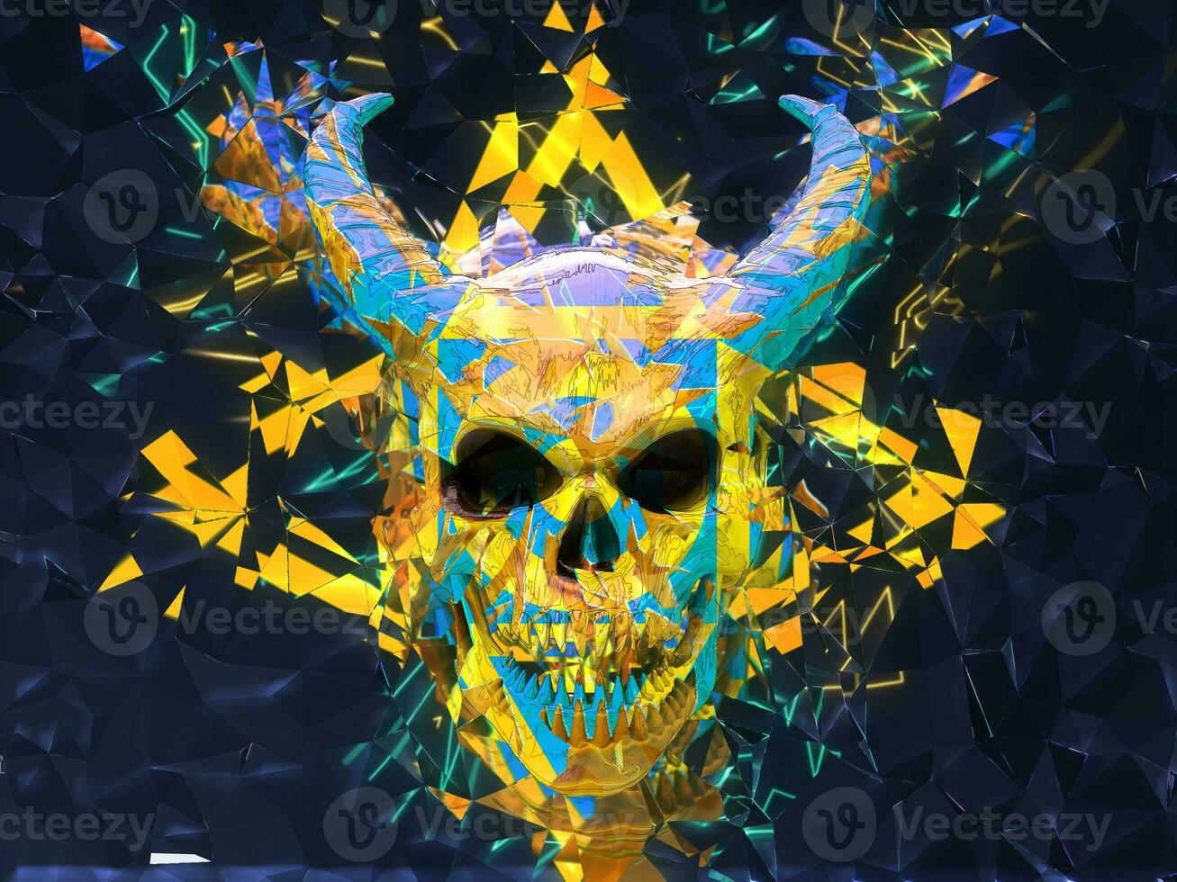Colorful demon skull in a broken mirror photo